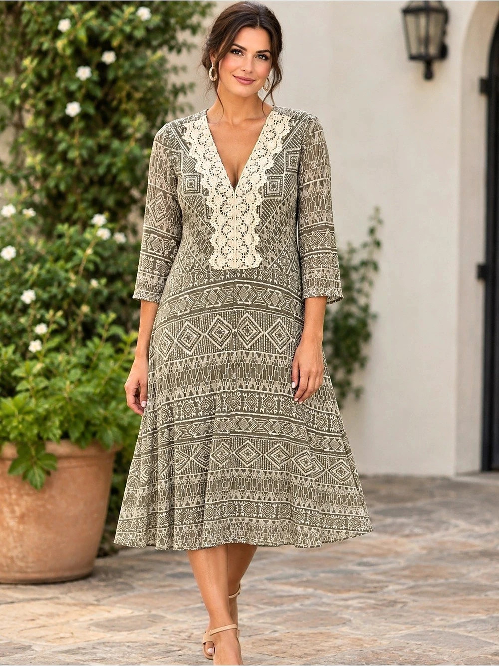 Luxology Geometric Midi Dress in Brown & White Size 14W, NWT